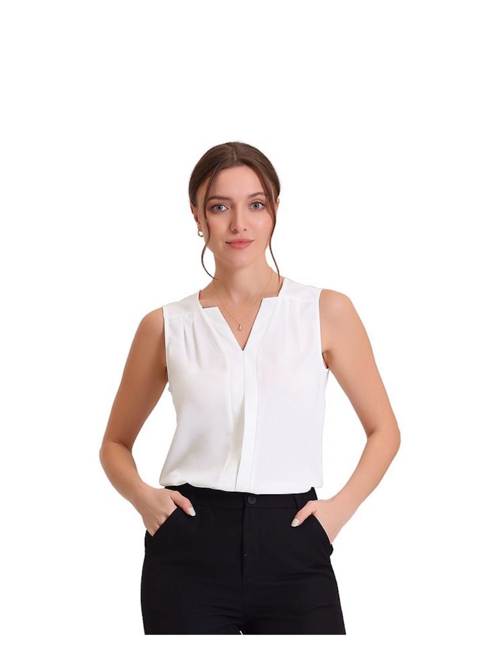 Allegra K White Sleeveless V-Neck Blouse